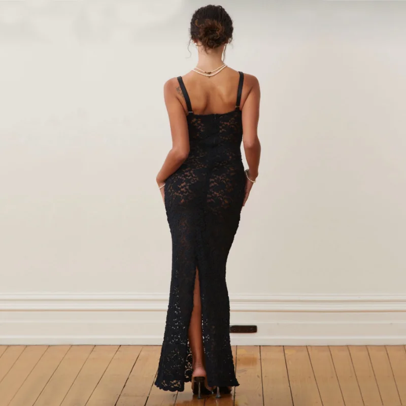 Lace Black Dress Female Slim Hollow Out Spaghetti Backless Dress Elegant Party Evening Gown Split Women Maxi Dress Summer