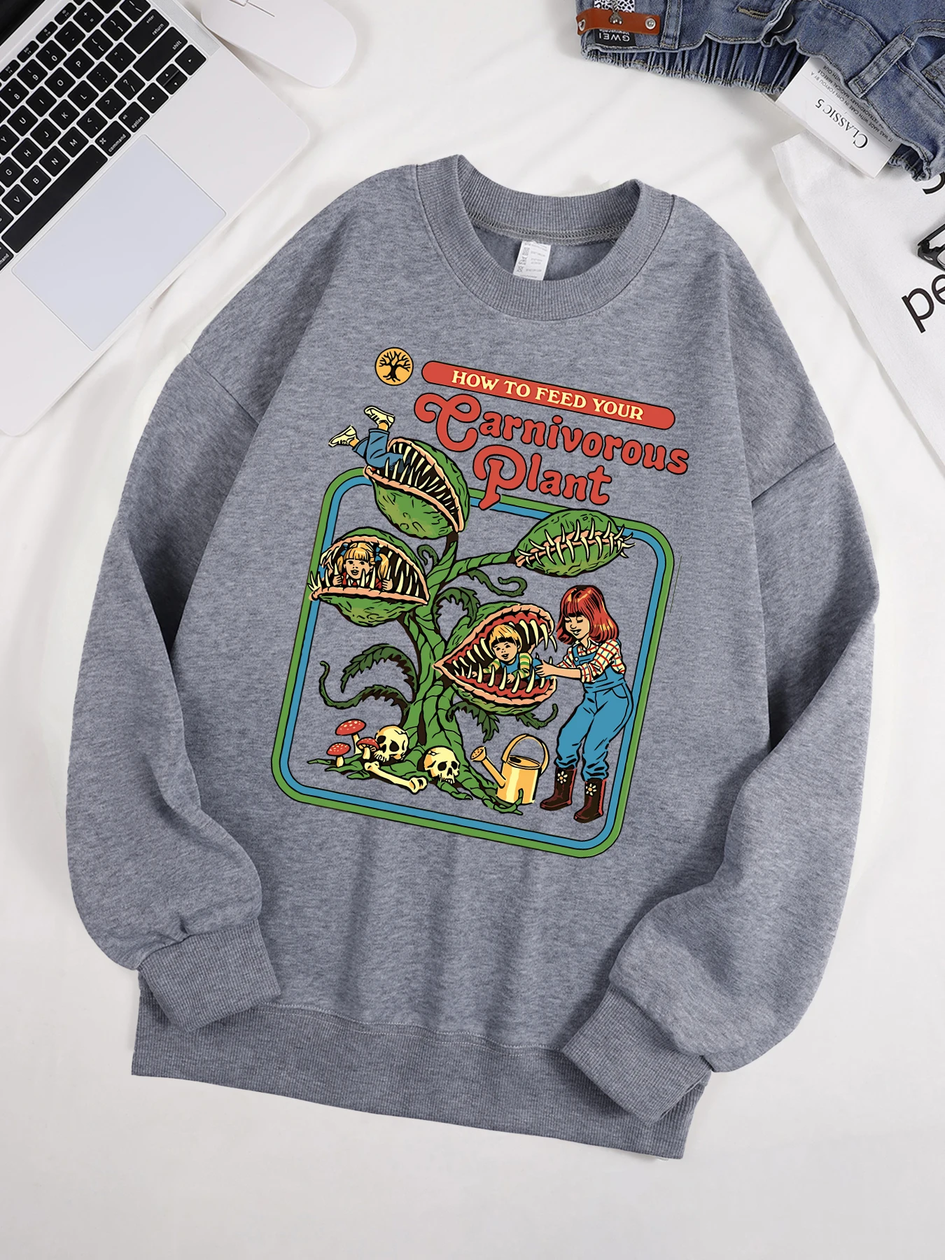 How To Feed Your Earnivorous Plant Printed Mens Sweatshirt O-Neck Soft Pullover Hip Hop Fleece Clothes Loose Unisex Casual Top