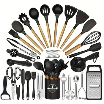 46-Piece Silicone Kitchen Utensil Set - Heat Resistant Non-Stick Cooking Tools with Wooden Handles Cooking Utensils Set for Home 1