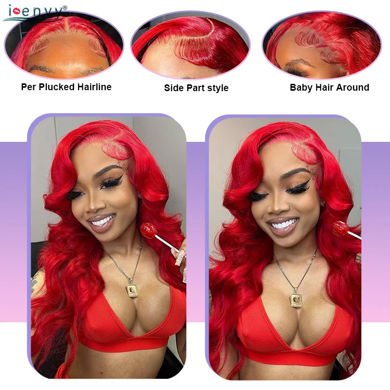 13X4 HD 투명 레이스 가발 레드 바디 웨이브 레이스 프론트 가발 13X6 버건디 레이스 프론트 가발 인모 가발 프리플럭 롱 34인치