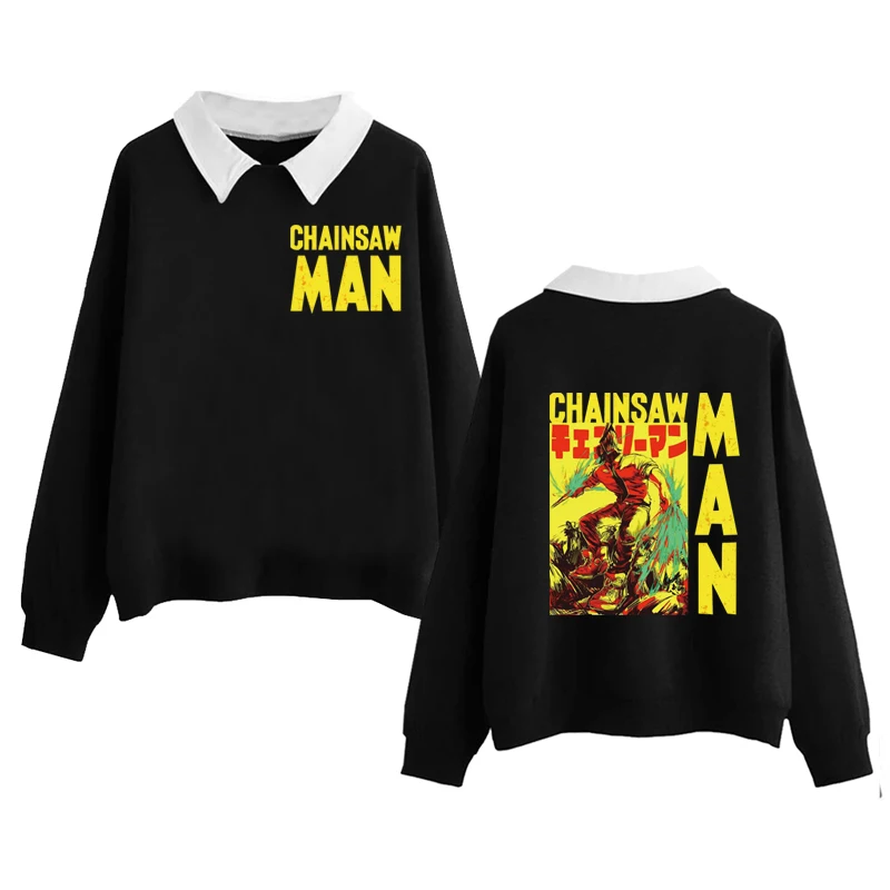 

2022 Hot Anime Chainsaw Man Print Fake Two Piece Shirt Crew Neck Hoodie Sweatshirt Gift Top for Women Clothes Harajuku Denji