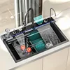 Double Waterfall Sink Stainless Steel Kitchen Sink Embossed Large Single Slot Ambient Light Digital Display Wash Basin 1