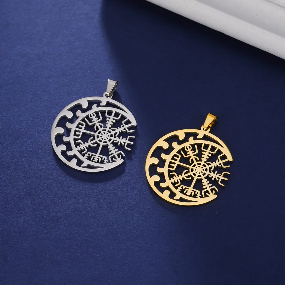 Dawapara Kompass Vegvisir Anhänger Halbmond Amulett Runenkreis Edelstahl Charms für Schmuckherstellung Nordische Geschenke – Detail 11