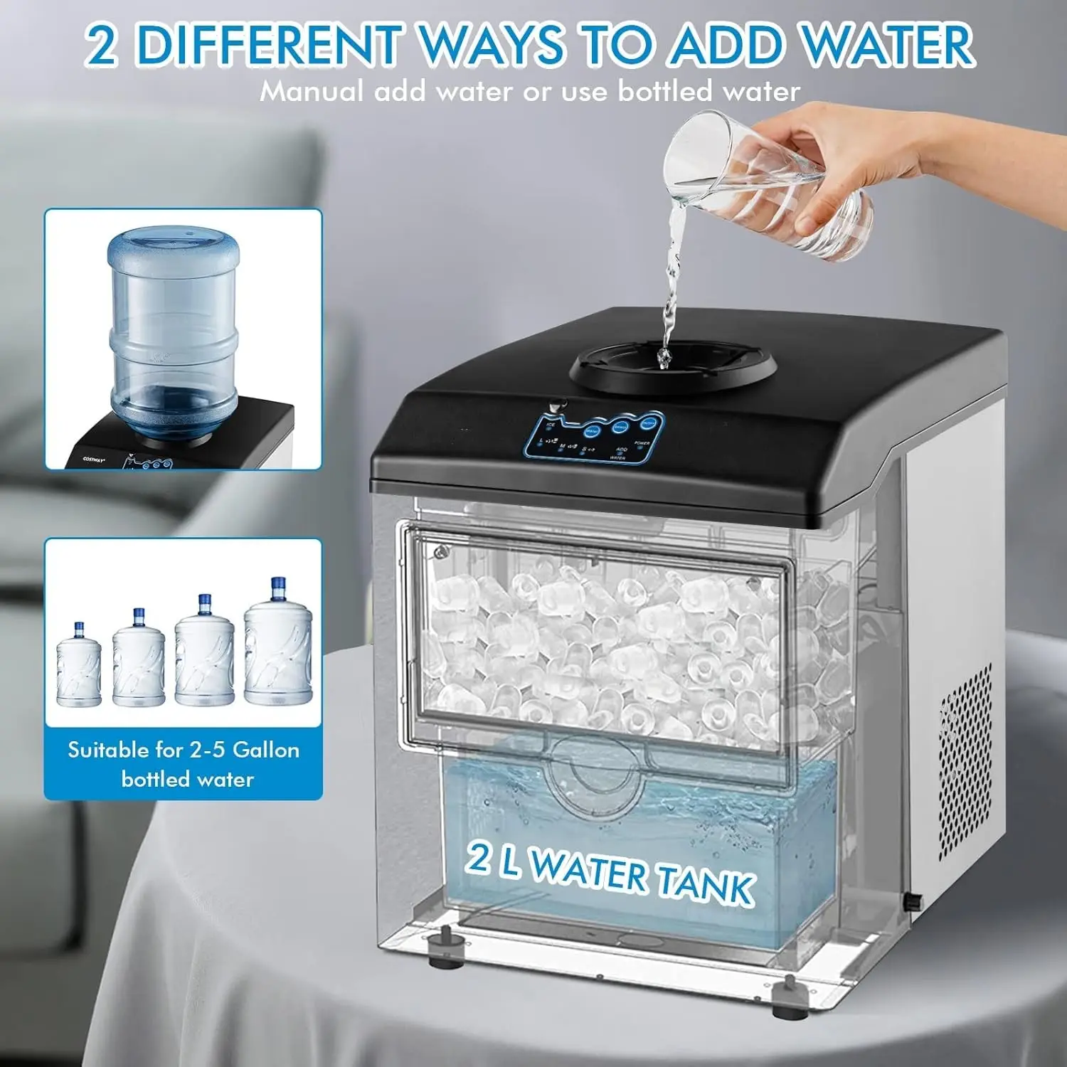 Maker Machine with Water Cooler Dispenser Combo, 48LBS/24H, S-M-L 3 Sizes Bullet Ice, Fast 6 Mins, 5LBS Ice Storage Basket, 2 Wa 4
