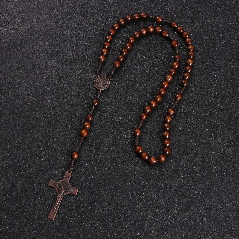Wooden rosary cross pendant with beads and woven cord