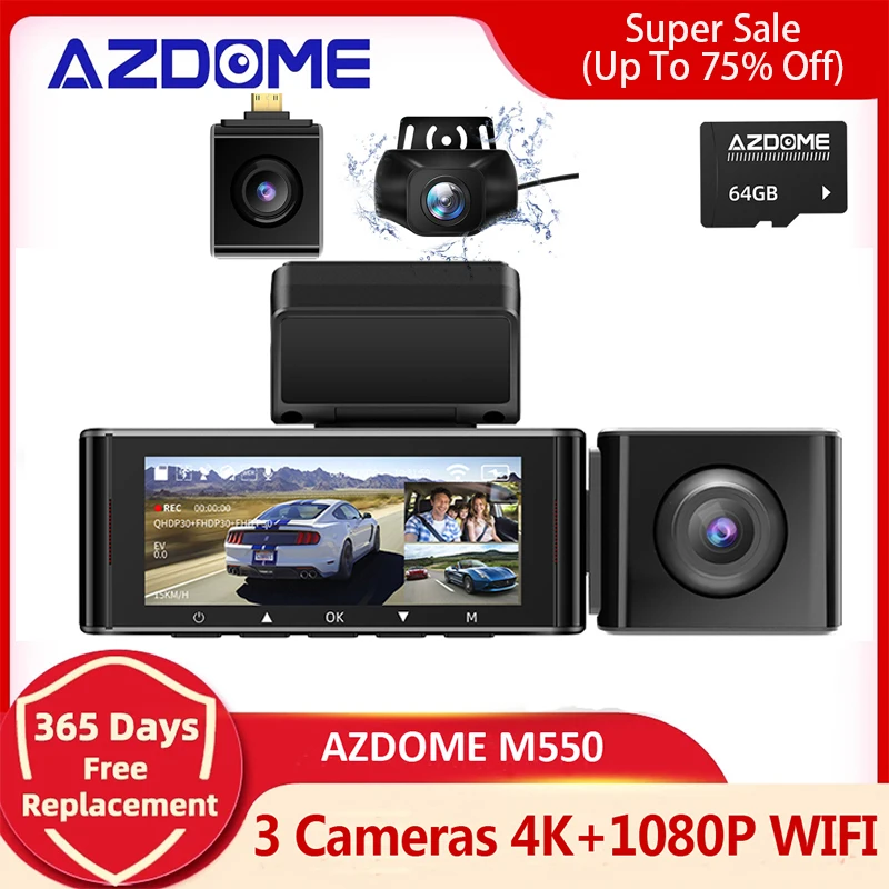 AZDOMEM5503CHDashCamCarDVR4K3Cameras1080RearCamRecording