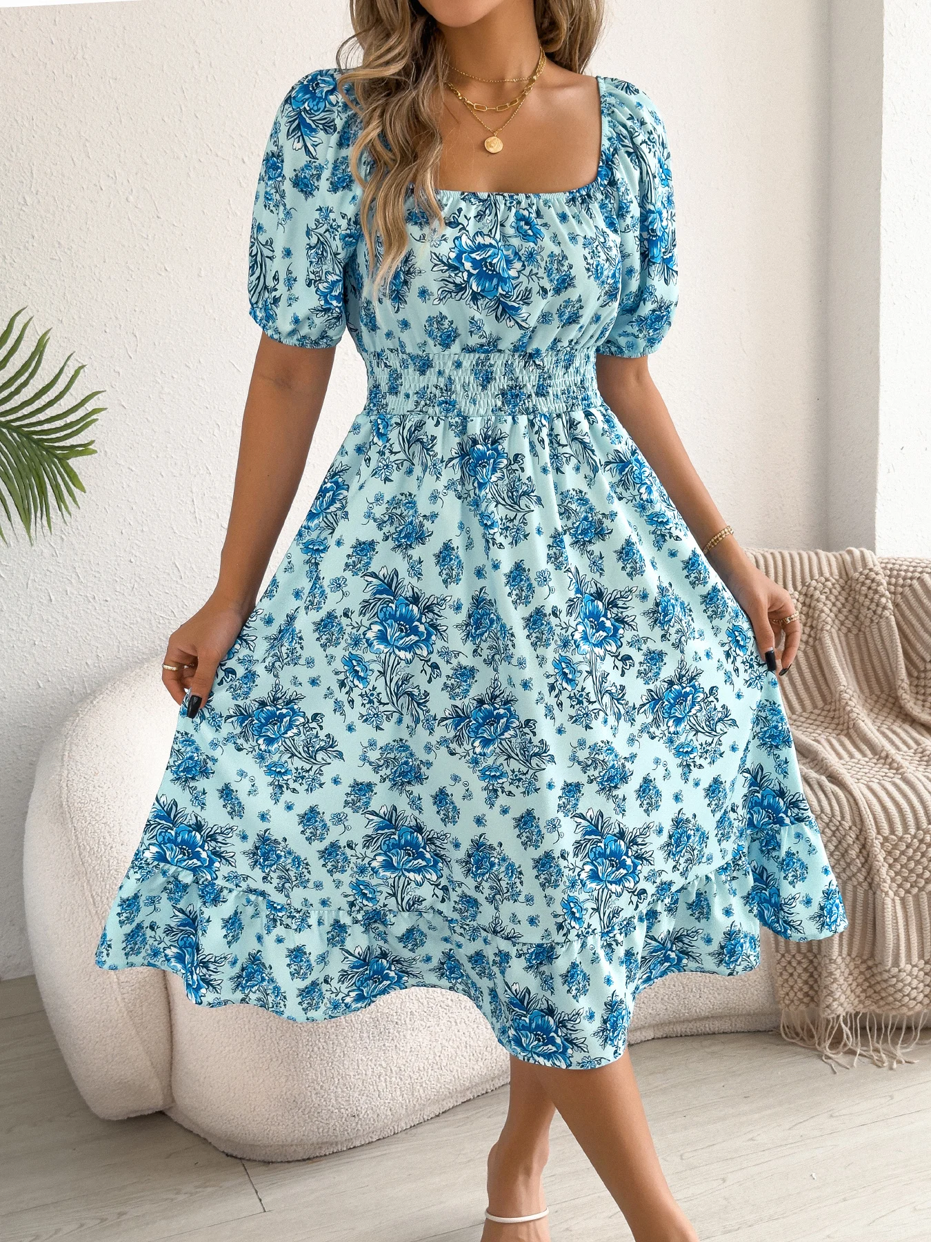 Floral Print Midi Dress for Women Pink Blue