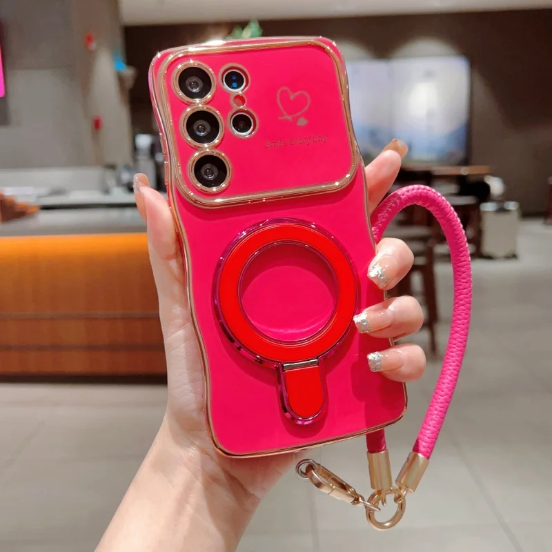 Love Heart Wave Kickstand Wrist Strap Phone Case - Shockproof Protective Cover