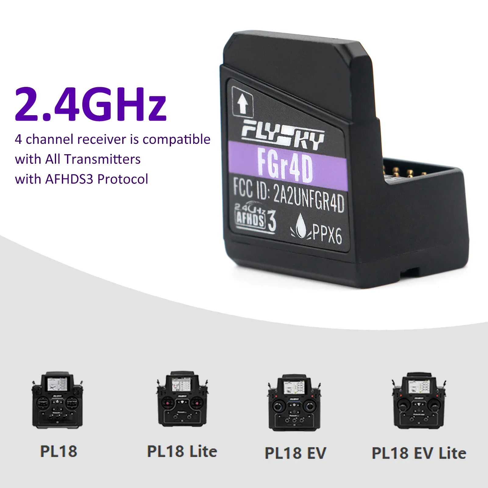 Boîte du récepteur FGr4D 2.4GHz 4 canaux AFHDS3, emballage d'origine avec logo Flysky.