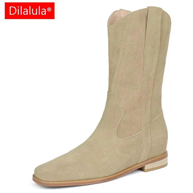 

Dilalula Cool Concise Women Mid-Calf Boots Casual Splicing Cow Suede Leather Autumn Winter Height Increasing Shoes Woman Newest