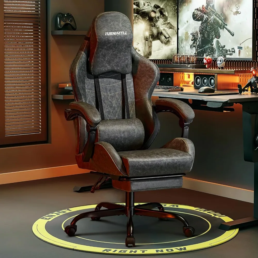 Gaming Chair Retro PU Leather Video Game Chair with Large Lumbar Support, Linkage Armrests, Ergonomic Computer Chair for Gaming 3