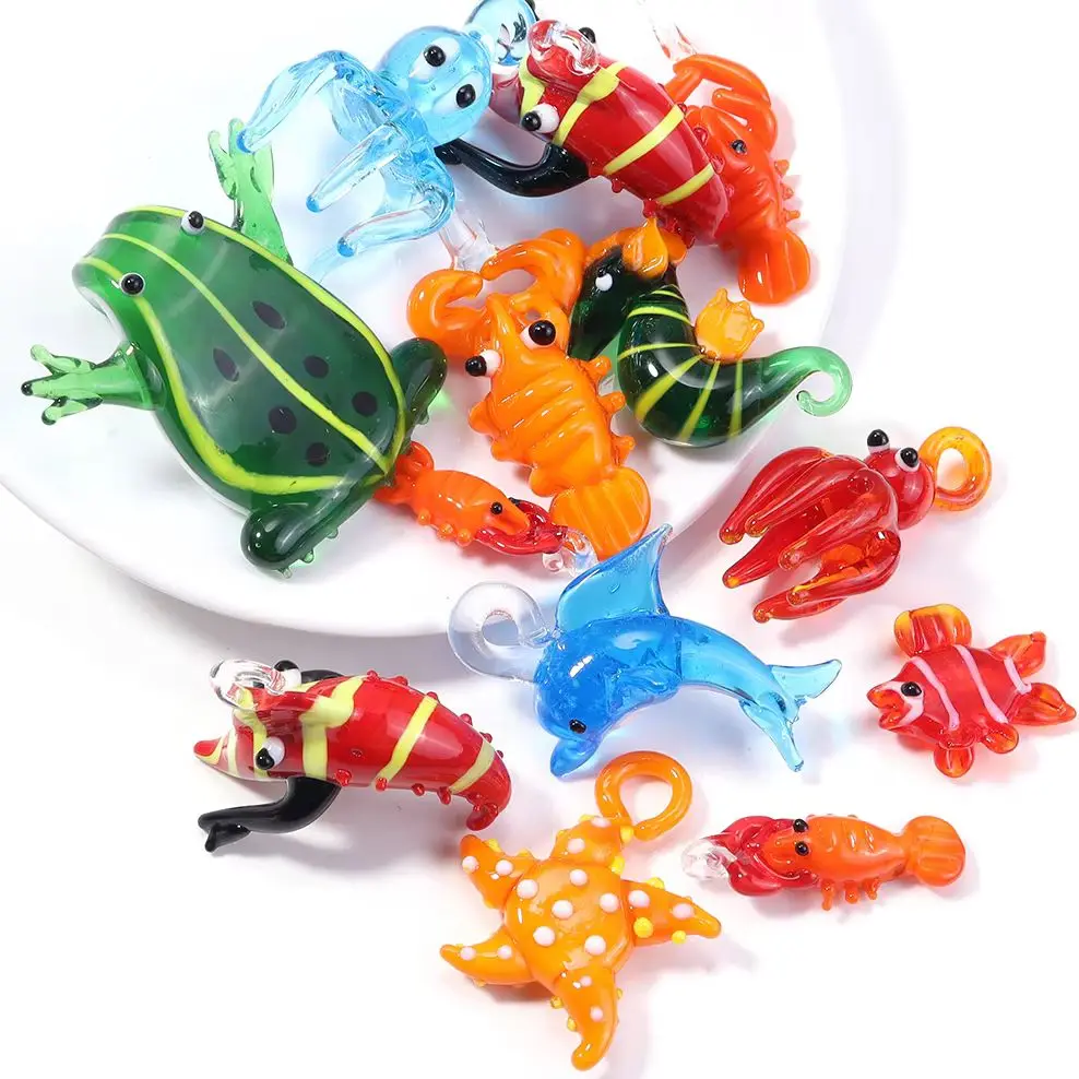 Cartoon Krabben Garnelen Fisch Tier Lampwork Perlen Seestern Garnelen Fisch Frosch Krake Glas Lampwork Charms Meer Tier Ornament