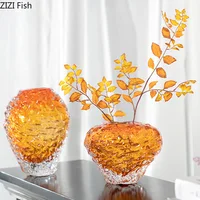 Amber Color Glass Vase Transparent Wrinkled Flower Pots Desk Decoration Flowers  Arrangement Floral Vases Room Aesthetic Decor 1