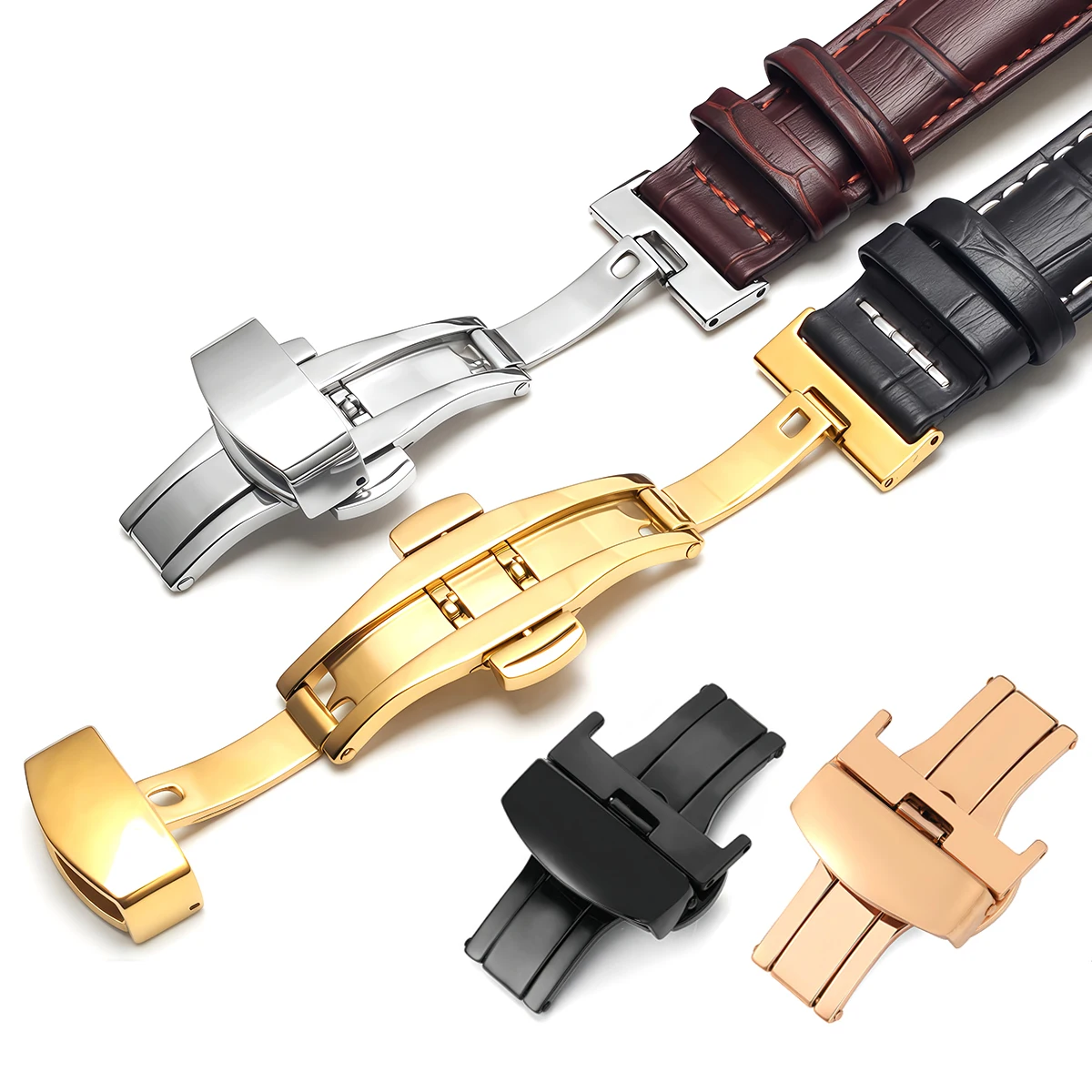 Boucle de bracelet de montre en acier inoxydable, fermoirs à boucles papillon 10-22mm, Double pression, bouton poli, accessoires de montres