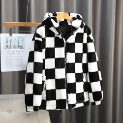 Checkered Jackets Men's Thick Coat Plush Zipper Cardigan Winter Jacket with Pockets Men Warm Coat Printed Plush Jacket