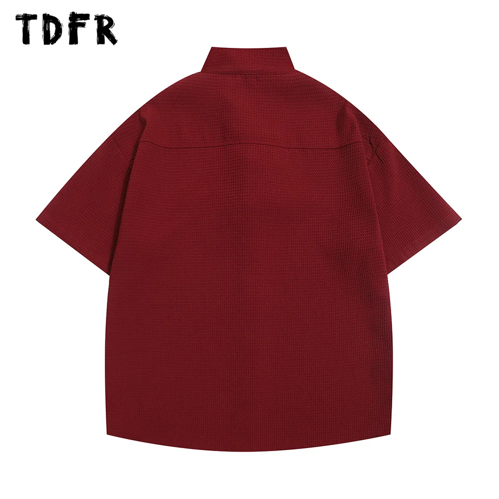 Button Decoration Short Sleeve Shirts Mens Summer Solid Color Streetwear Loose Waffle texture Shirts Men casual short sleeved shirt short sleeved shirt button down shirt