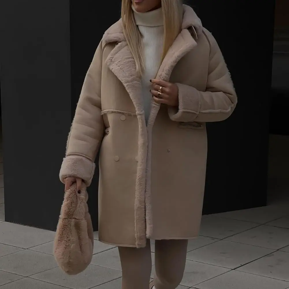 Winter Coat Women's Plush Lapel Coat with Double-breasted Pockets Mid Length Solid Color Cardigan Windproof Heat for Fall