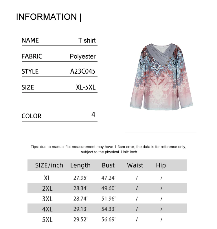Übergrößen Vintage Paisley-Print Langarm-Oberteil, Wasserfallausschnitt mit Knopfdetail, Lässige Bluse, Retro Alltags-Pullover-Shirt für Damen – Detail 1
