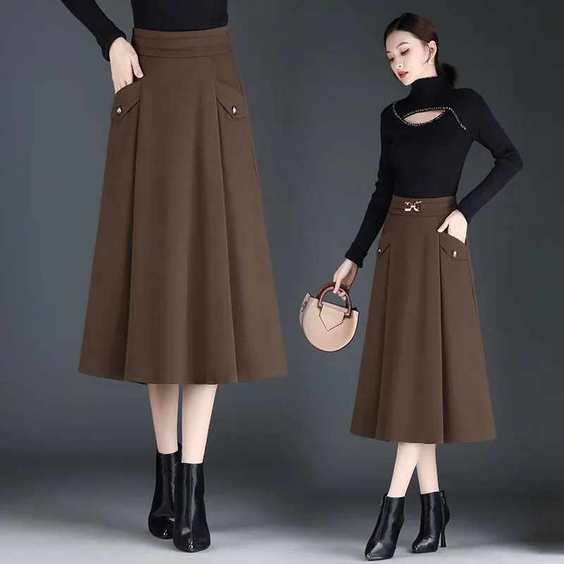 thumbnail image 1 of Falda drapeada versátil para mujer, estilo nuevo, primavera y otoño, elegante, coreana, de longitud media, cintura alta, adelgazante, línea A, 1 of 5