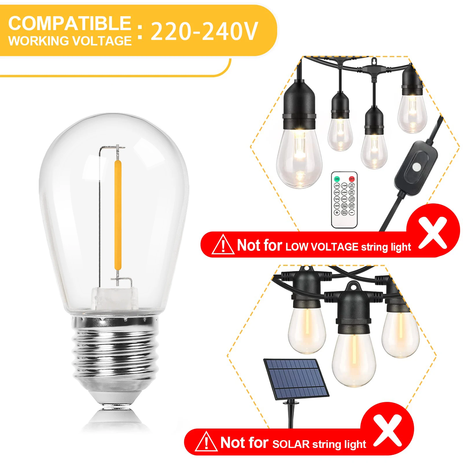 S14 1W LED-Lichterketten-Glühbirnen, gleich auf 11W E27-Sockel, Vintage-Edison-Kunststoff, wasserdicht, für den Außenbereich, Ersatzbirne, Party, Hochzeit, Dekoration – Detail 5
