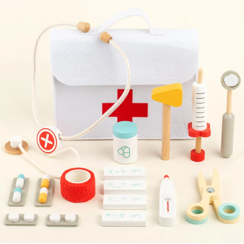 White Doctor Set Dentist Game Stethoscope Nurse Role Play Needle Model Set Wooden Toys Kids Hospital Tool Simulation Medical Kit
