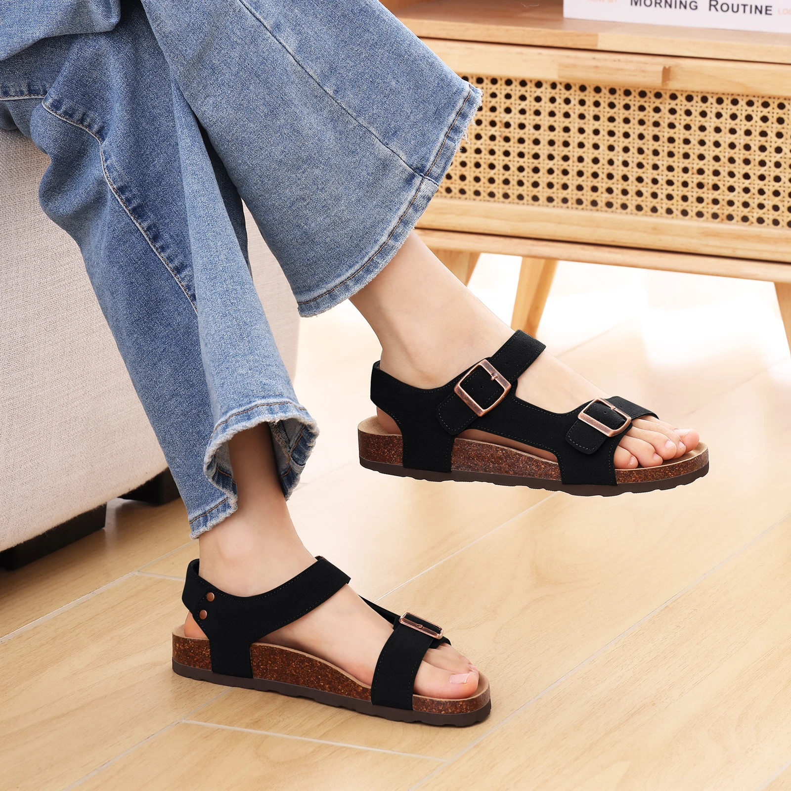 Comwarm Sommer Neue Damen-Sandalen mit Kork-Einlegesohle, Bequeme Strand-Slides mit Verstellbarer Doppelschnalle, Lässige Outdoor-Kork-Clogs – Detail 17