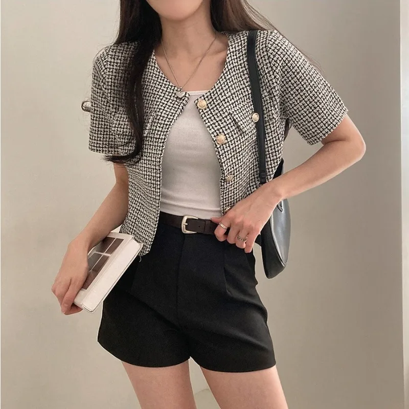 싱글 브레스트 차케타 무제 젠틀 자케타 여성 오넥 반팔 재킷, 격자 무늬 카사코 용수철, 여름 로파, 2024