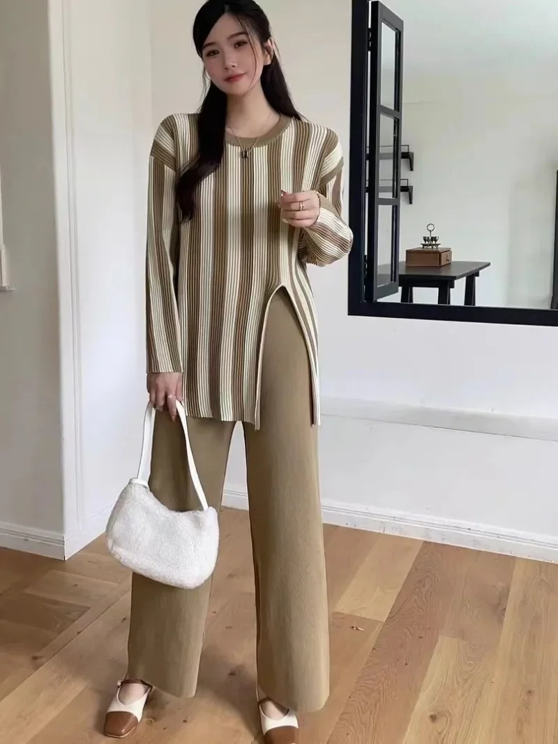 Striped Knitwear Fashion 2 Piece-Set For Women Contrast Long Sleeve Split Straight Trousers Outfits Women's Pants Sets