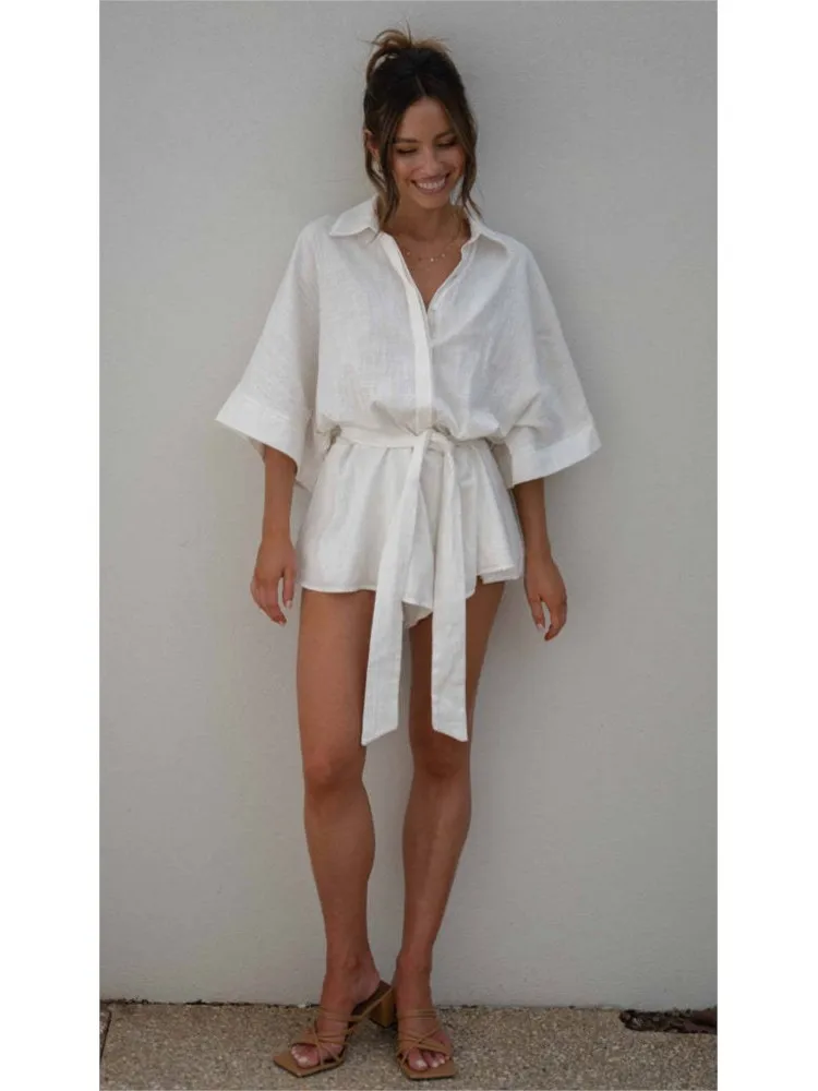 Summer White Women Jumpsuit Fashion Elegant Casual Lace Up