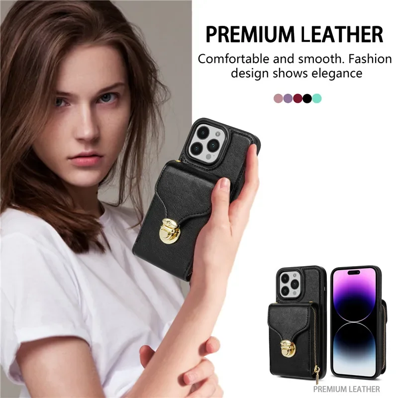 Leather Crossbody Lanyard Wallet Phone Case with Zipper and Flip Stand Cover