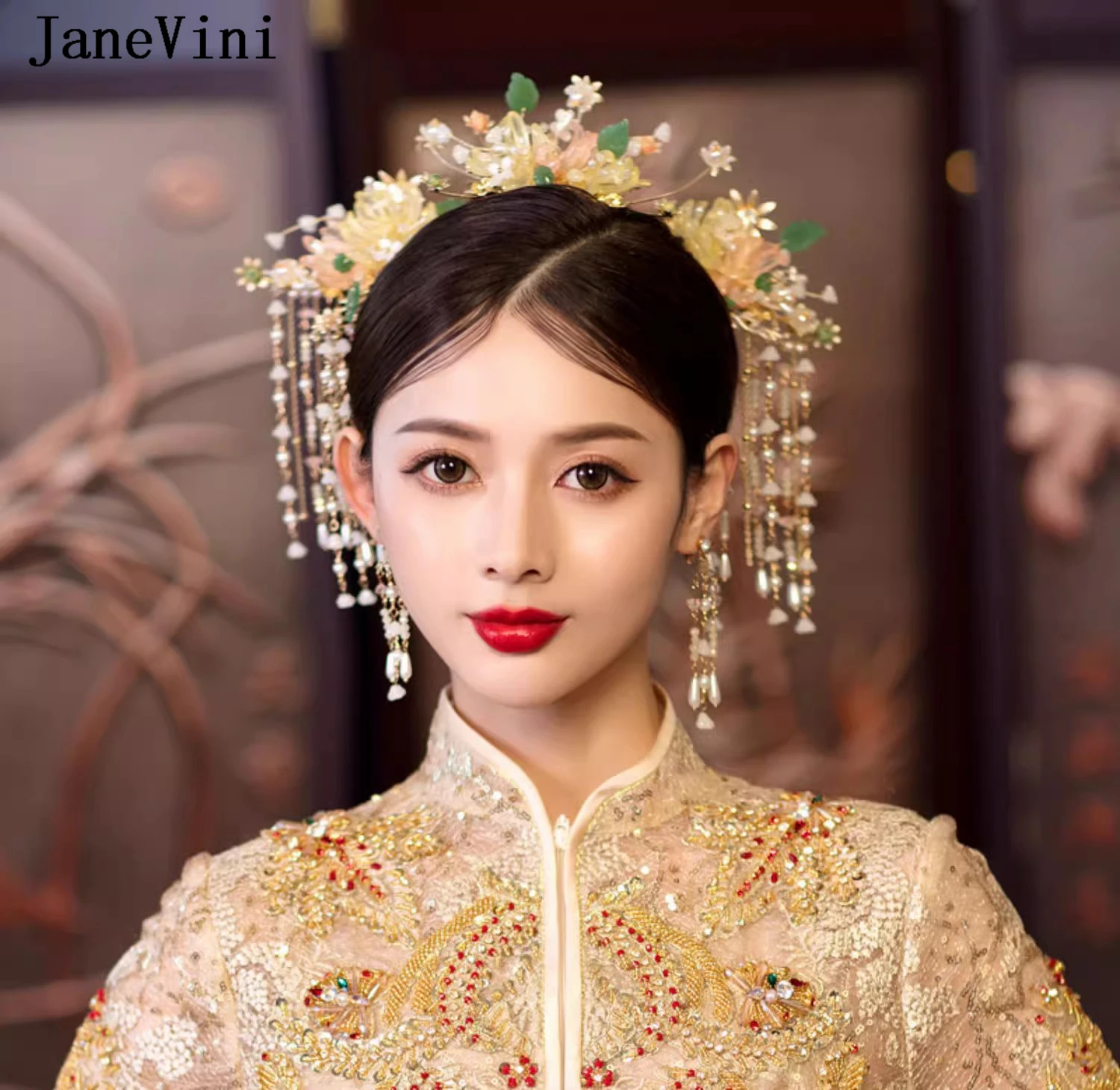 

JaneVini Chinese Hanfu Hair Accessories Set Long Fringed Vintage Flower Pearls Hair Sticks for Women Wedding Headpiece Jewelry