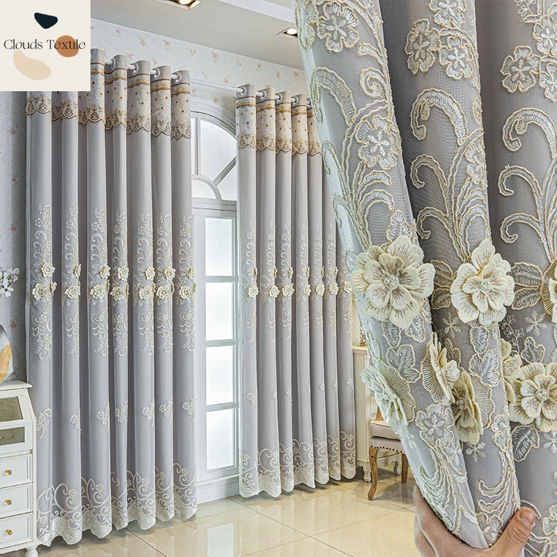 

Double-thickness Curtains for Living Dining Room Bedroom Blackout Three-dimensional Relief Embroidery Cloth Yarn One Lace Window