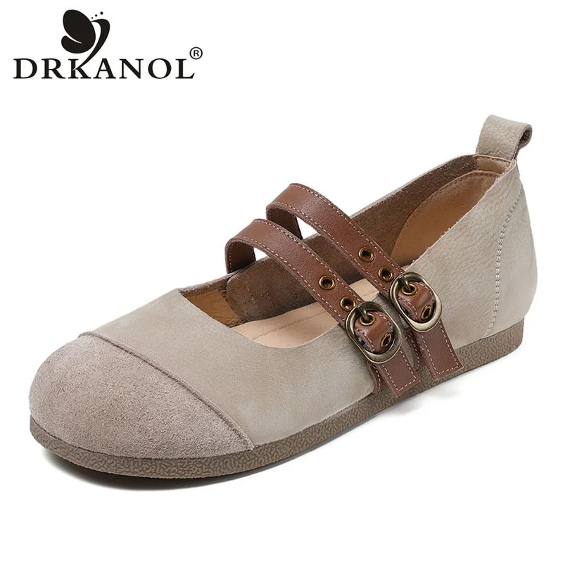 

DRKANOL New Design Women Genuine Cow Leather Loafers Slip On Casual Flat Shoes Ladies Shallow Round Toe Literary Style Loafers