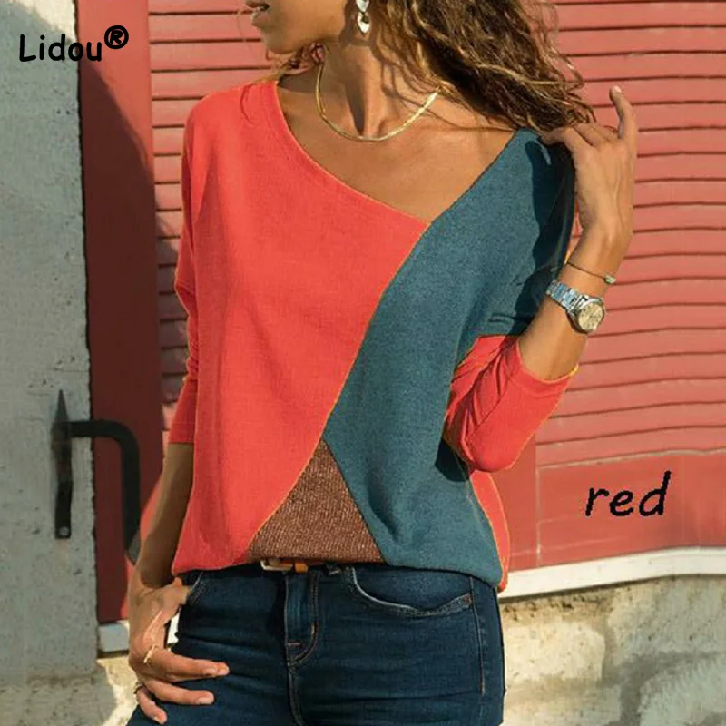 

England Patchwork Contrasting Colors Pullover T-Shirt Casual Spring Autumn Clothes New Round Neck Slim Long Sleeve Women's Tops