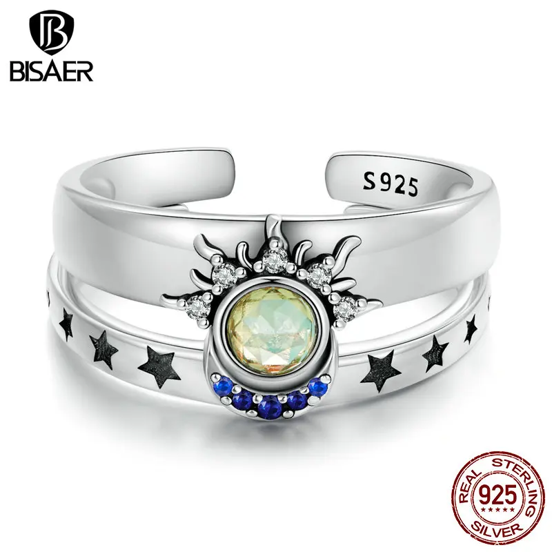 

BISAER 925 Sterling Silver Sun Moon Stars Open Ring Size 5-9 Eternity Couple Band for Lover Fine Jewelry Gift EFR491