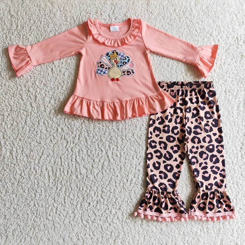 

Wholesale Baby Girl Embroidery Turkey Toddler Pink Ruffle Top Leopard Pants Infant Thanksgiving Outfit Children Kid Fall New Set