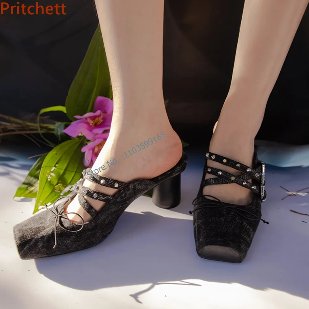 

Rivet Dark Gray Retro Pumps Butterfly Knot Chunky Heels Square Toe Slingback Buckle Belt Shoes Summer Outdoor Party Sandals