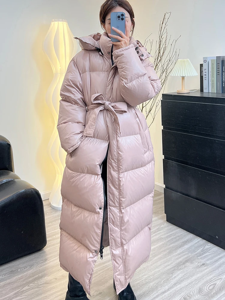 Janveny Women's Down Jacket Women Casual Thick Long Duck Down Puffer Coat Hooded Female Waterproof Parkas With Sashes Outwear 5
