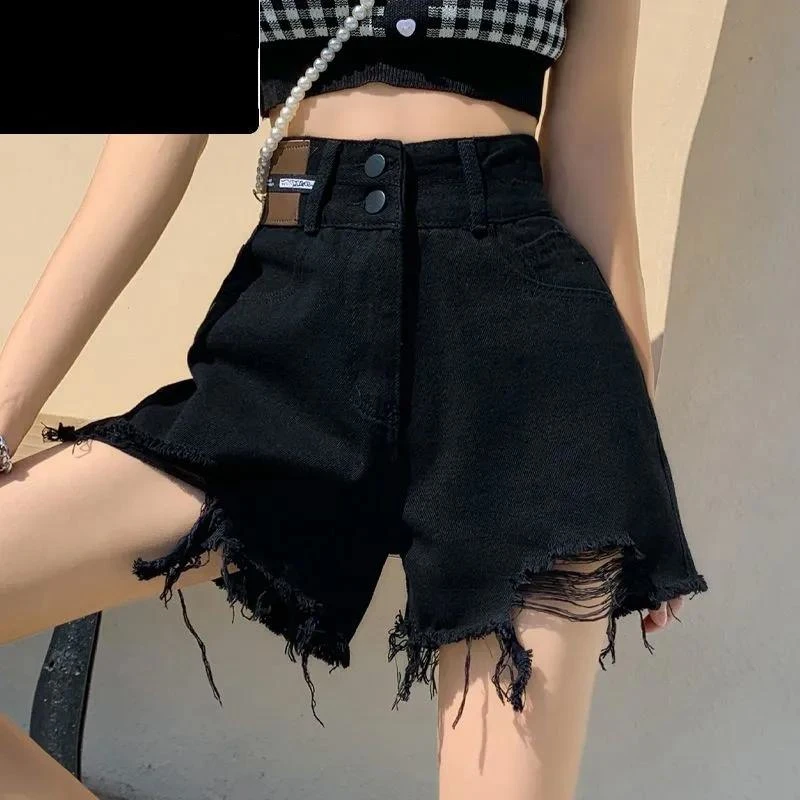 

Женские черные сексуальные Рваные джинсовые шорты Y2k, летние новые повседневные джинсы с высокой талией, женские короткие брюки, женские популярные широкие брюки