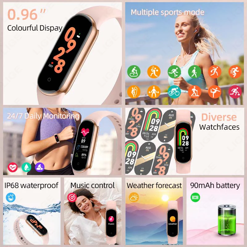 LIGE Smart Bracelet Women Smartwatch Men Heart Rate Blood Oxygen Waterproof Sport Smart Band Watch Ladies New For Android IOS