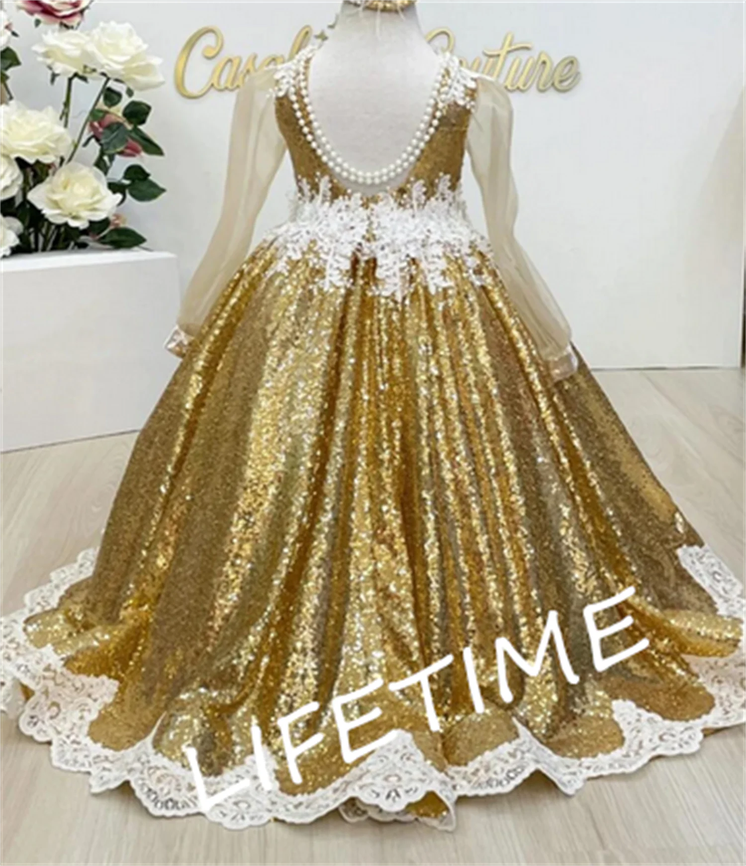 

Puffy Gold Ball Gown Flower Girl Dresses Long Sleeve Girl Princess Dress Girl Wedding Party Gown First Communion