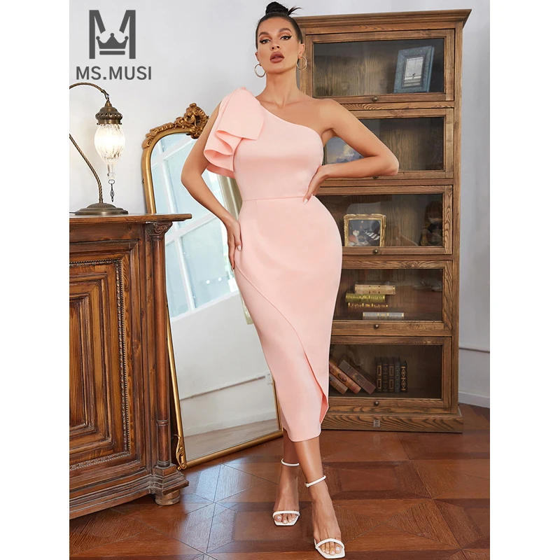 

MSMUSI 2024 New Fashion Women Sexy One Shoulder Falbala Ruffles Draped Sleeveless Backless Bodycon Party Club Event Midi Dress