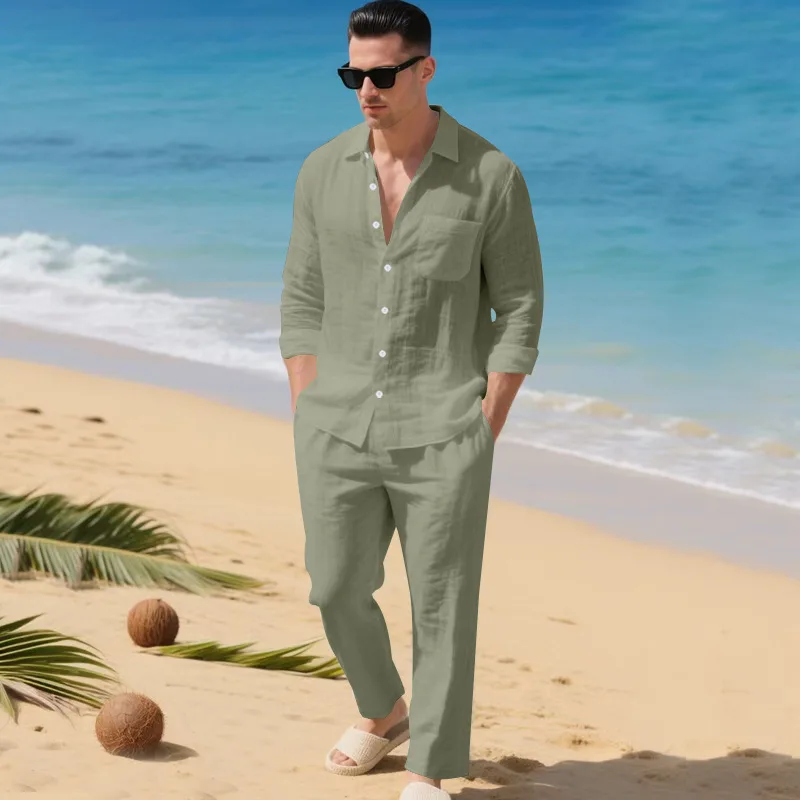 Men's Autumn Loose Trend Linen Solid Color Simple Lapel Long-Sleeved Shirt Beach Trousers Set