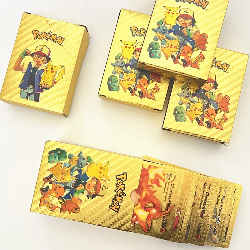 

Pokemon Gold Pikachu Cards Box Charizard Spanish/English Golden Silver Black Playing Cards Vmax Gx Game Collection Card Boy Gift