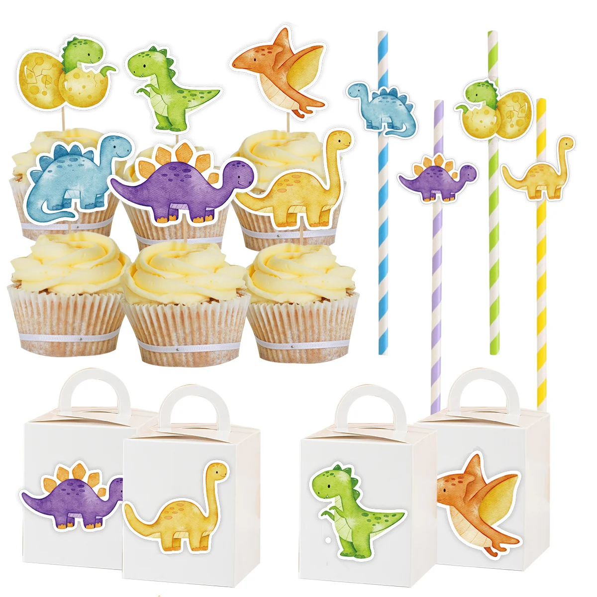 1 Set Dinosaurier-Cupcake-Topper aus Karton, Papieraufkleber, Strohhalm für Babyparty, Dinosaurier-Geburtstagsfeier, Dekoration, DIY-Geschenkverpackung – Detail 1
