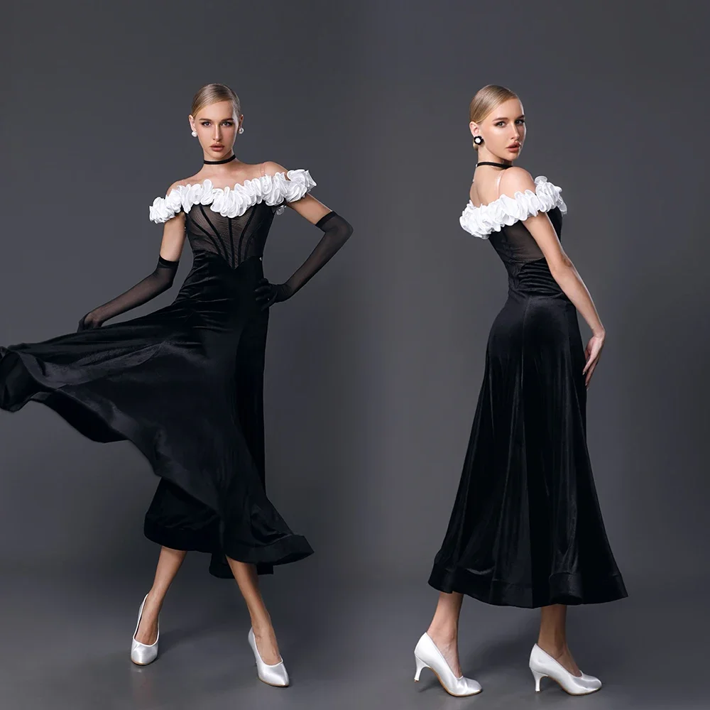 

New Women Ruffled Waltz Black Costume Sexy Ballroom Dance Competition Dress Custom Modern Performance Clothing Stage Wear