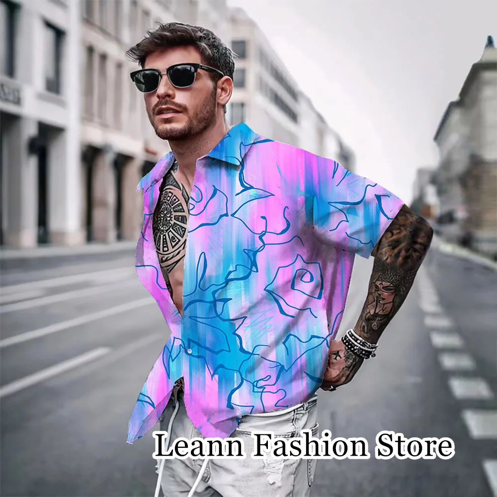 

Summer Men Hawaiian Vacation Shirt Fashion Colorful Roses Printing Shirt Male Casual Tops Tees Short Sleeve Leisure Clothing