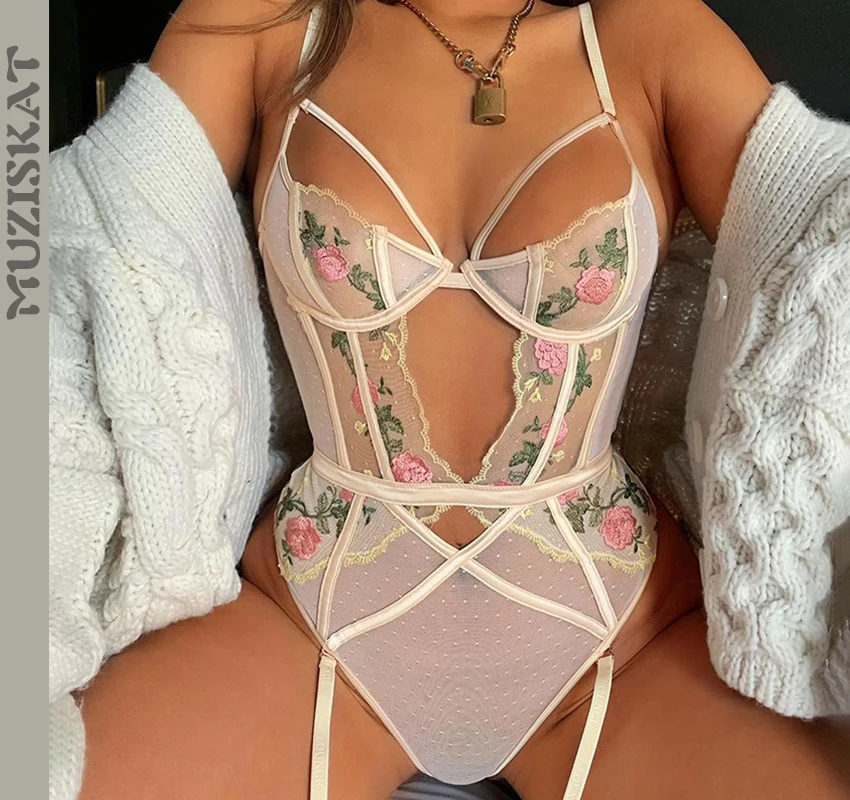 Hot-Lingerie-See-Through-Mesh-High-Cut-Bodysuit-Floral-Embroidery-Sexy-Hollow-Out-Lingerie-Lace