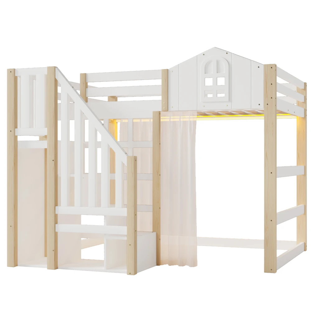 90x200cm Kinderzimmer-Hochbett, mit LED-Leuchten und Gaze, Fensterform, offenes Aufbewahrungsfach, Weiß + Natur (ohne Matratze) – Detail 37