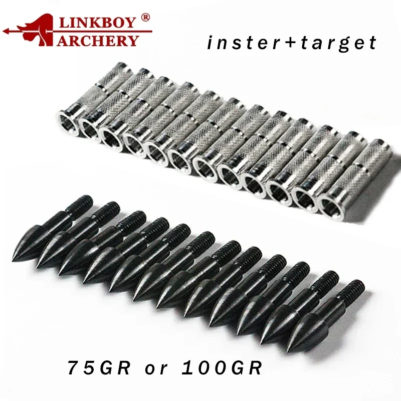 Archery Arrowhead Archery Arrows Linkboy Archery 12Pcs ID6.2mm Aluminium Arrow Insert Shaft 12Pcs Archery Target Point 75/100gr Arrowhead Accessories Hunting